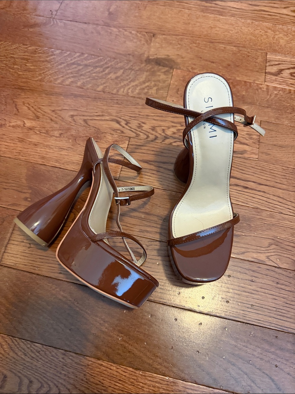 Patent Brown Strappy Block Heel Sandals